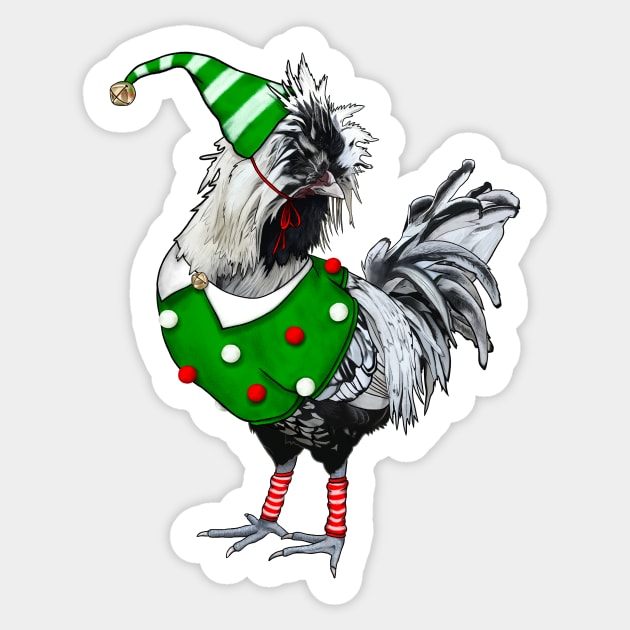 Silver Laced Polish Rooster Dressed As Elf With Leg Warmers Sticker by Ashley D Wilson